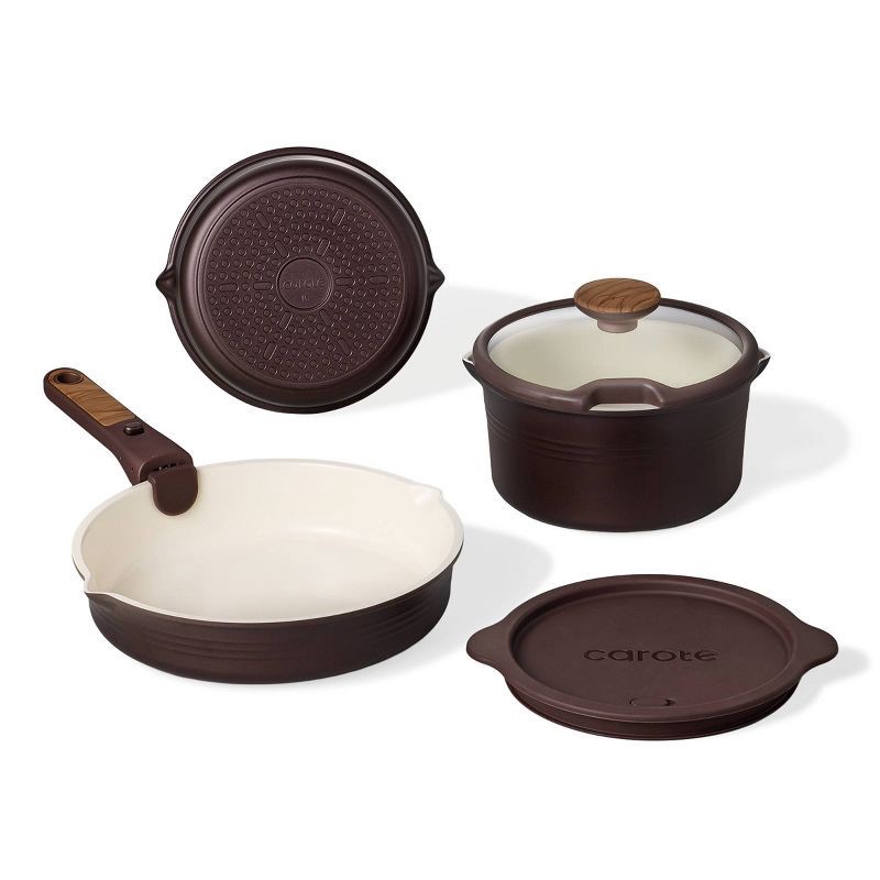 slide 2 of 6, Carote 10pc Ceramic Nonstick Cookware Set with Detachable Handle Brown, 10 ct