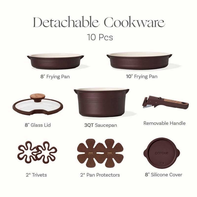 slide 4 of 6, Carote 10pc Ceramic Nonstick Cookware Set with Detachable Handle Brown, 10 ct