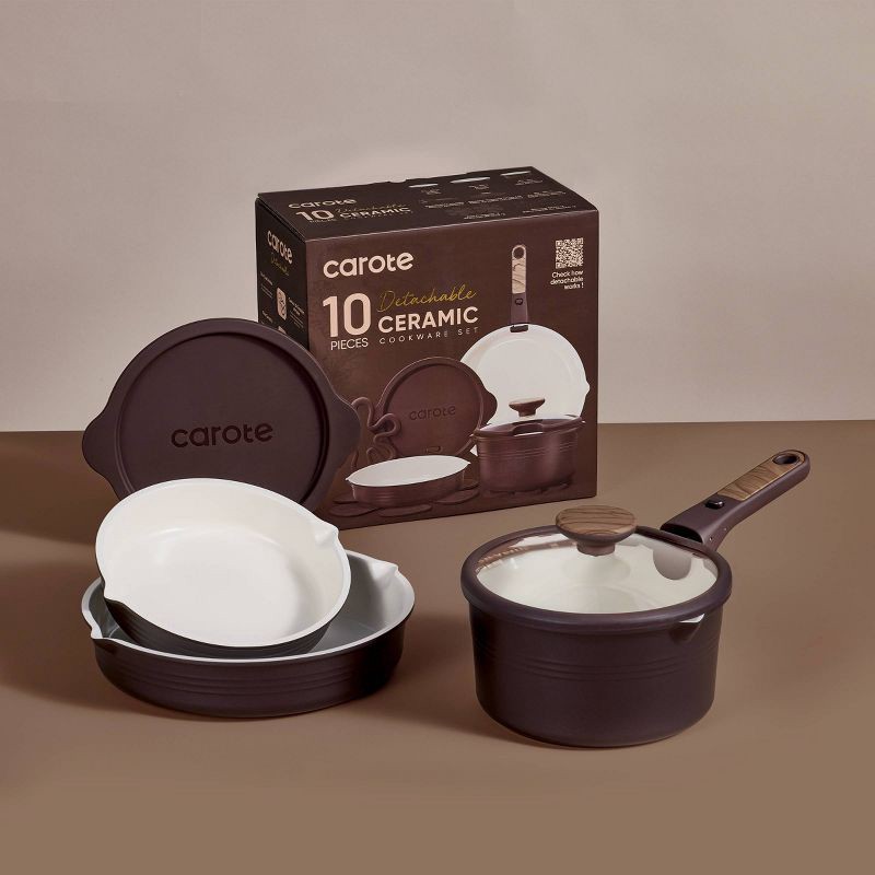 slide 6 of 6, Carote 10pc Ceramic Nonstick Cookware Set with Detachable Handle Brown, 10 ct