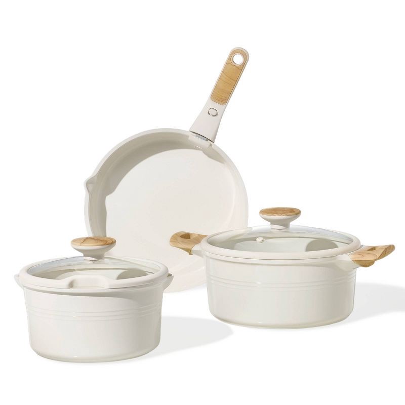 slide 3 of 6, Carote 24pc Ceramic Nonstick Cookware Set with Detachable Handle Cream, 24 ct