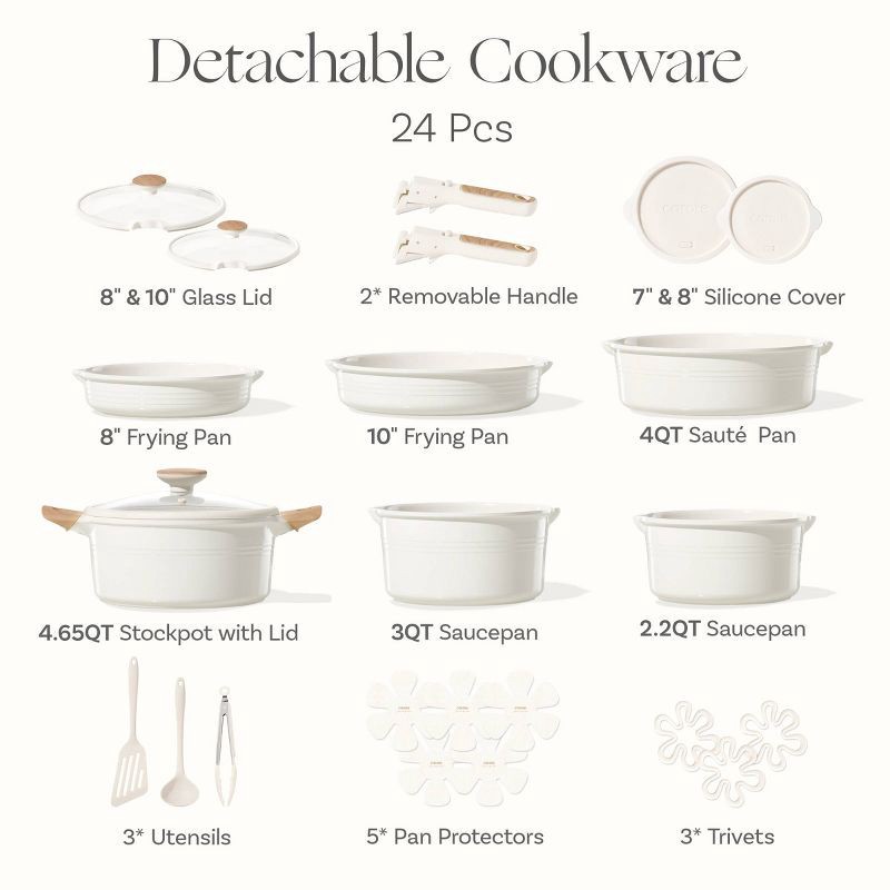 slide 4 of 6, Carote 24pc Ceramic Nonstick Cookware Set with Detachable Handle Cream, 24 ct