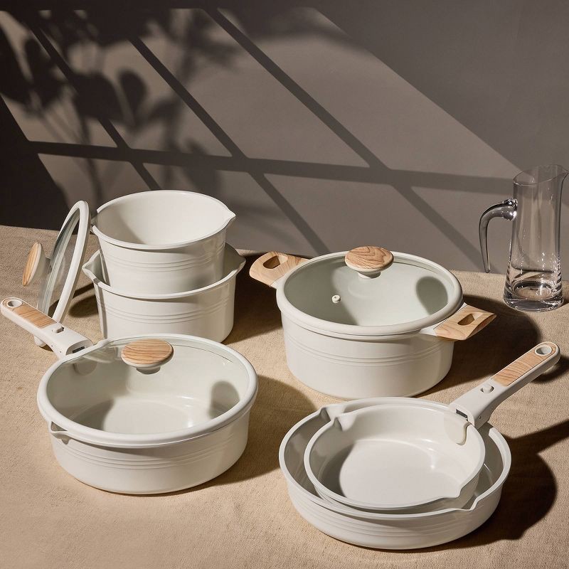 slide 5 of 6, Carote 24pc Ceramic Nonstick Cookware Set with Detachable Handle Cream, 24 ct