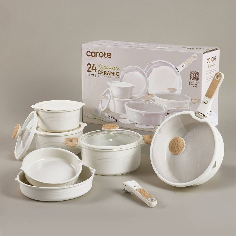 slide 6 of 6, Carote 24pc Ceramic Nonstick Cookware Set with Detachable Handle Cream, 24 ct
