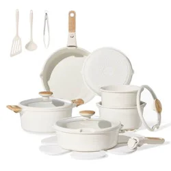 Carote 24pc Ceramic Nonstick Cookware Set with Detachable Handle Cream