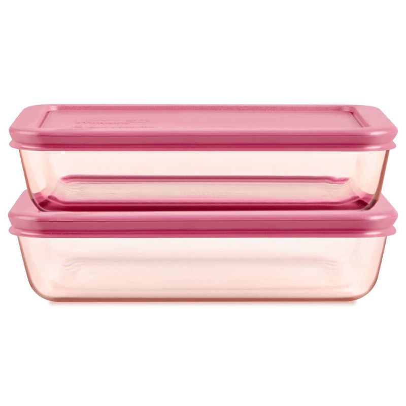 slide 1 of 7, Pyrex Simply Store Tinted 4pc Lidded Rectangle Storage Set Pink, 4 ct