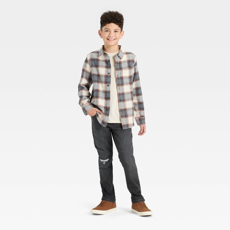 slide 3 of 3, Boys' Long Sleeve Button-Down Plaid Flannel Shirt - Cat & Jack™ Brown S, 1 ct