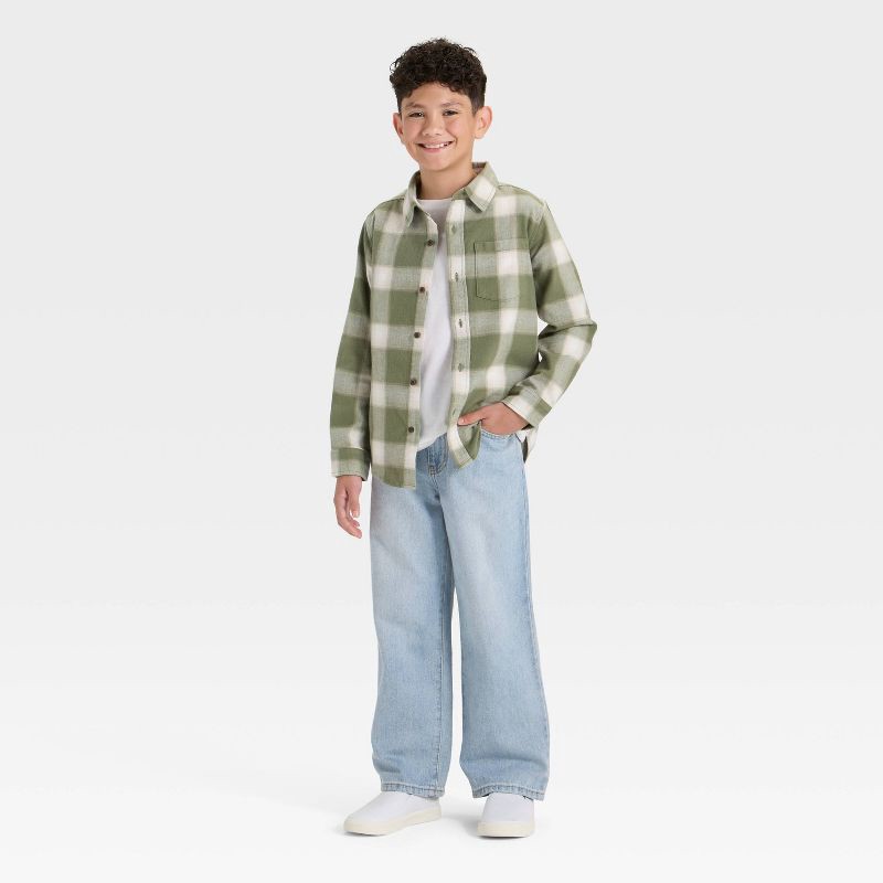 slide 3 of 3, Boys' Long Sleeve Button-Down Plaid Flannel Shirt - Cat & Jack™ Green M, 1 ct