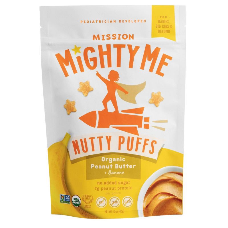 slide 1 of 9, Mission MightyMe Nutty Puffs Baby Snacks - Organic Peanut Butter with Banana - 1.5oz, 1.5 oz