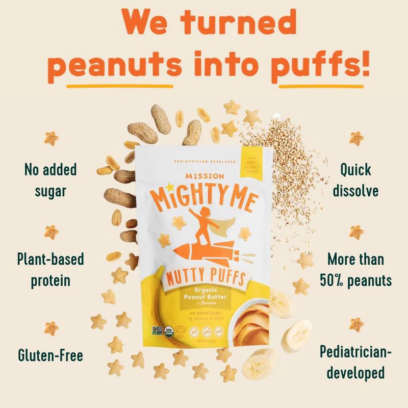 slide 3 of 9, Mission MightyMe Nutty Puffs Baby Snacks - Organic Peanut Butter with Banana - 1.5oz, 1.5 oz