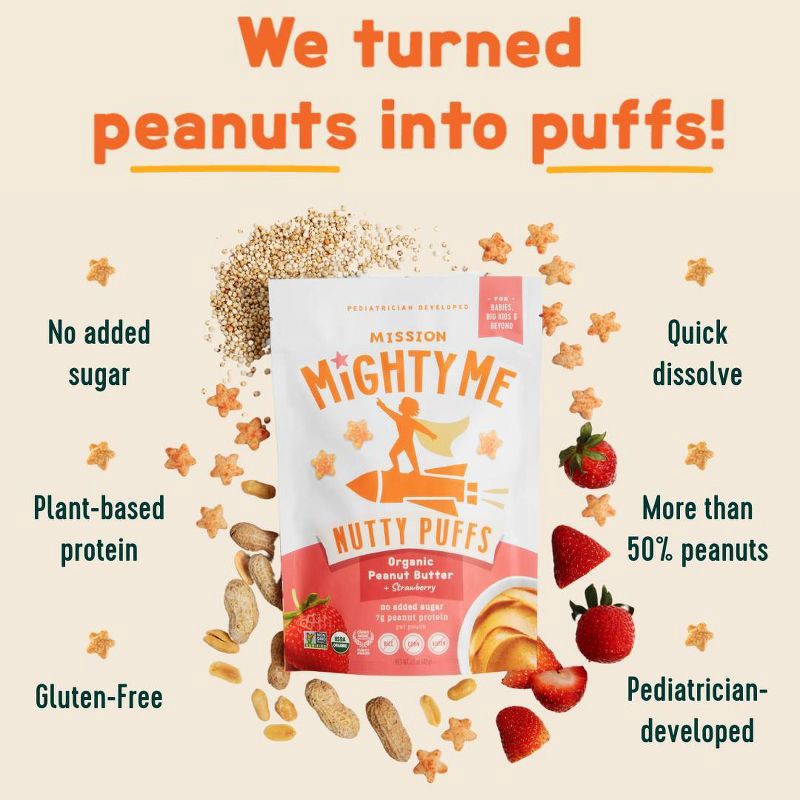 slide 3 of 10, Mission MightyMe Nutty Puffs Baby Snacks - Organic Peanut Butter with Strawberry - 1.5oz, 1.5 oz