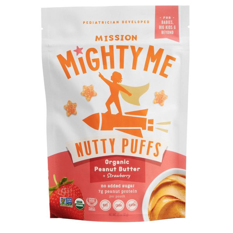 slide 1 of 10, Mission MightyMe Nutty Puffs Baby Snacks - Organic Peanut Butter with Strawberry - 1.5oz, 1.5 oz
