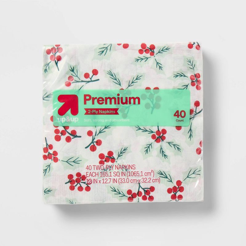 slide 1 of 3, Holiday Disposable Napkin - Holly - 40ct - up&up™, 40 ct