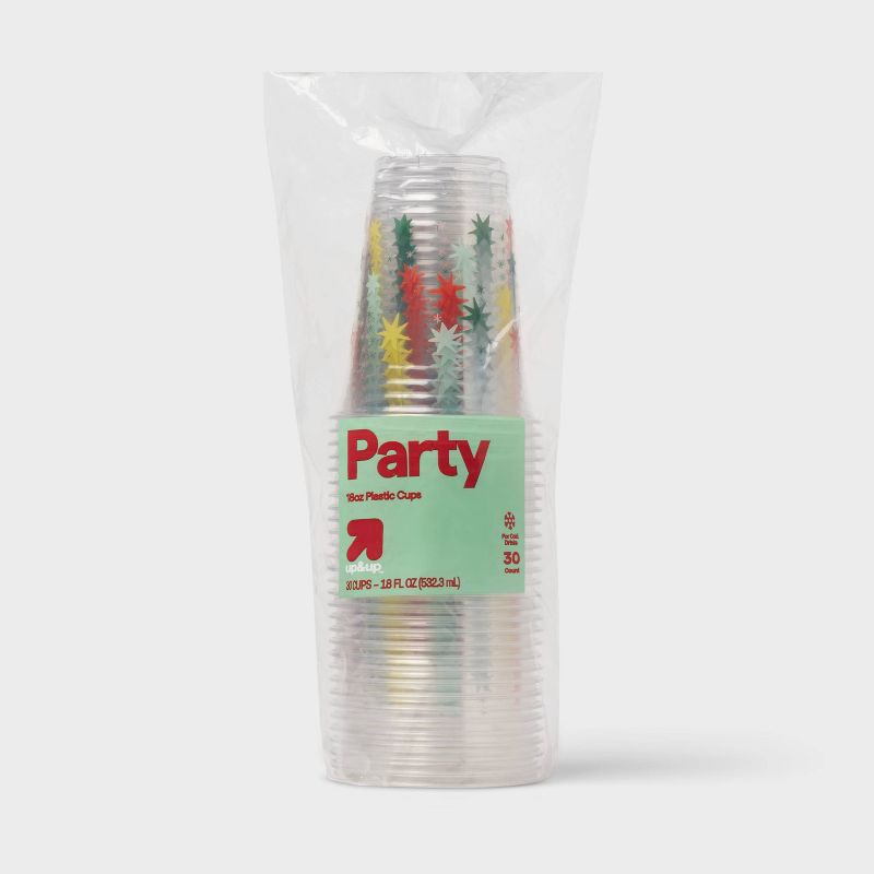 slide 1 of 3, Holiday Disposable Clear Cup - Quilted Star - 18oz/30ct - up&up™, 18 oz, 30 ct