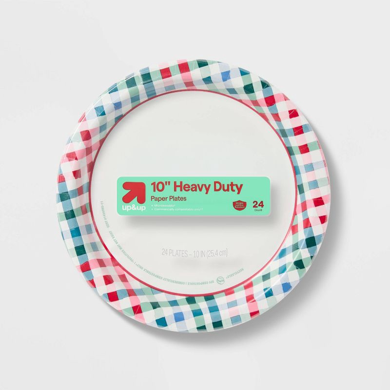 slide 1 of 3, Holiday Disposable Plates - Red Green Plaid - 10" - 24ct - up&up™, 24 ct