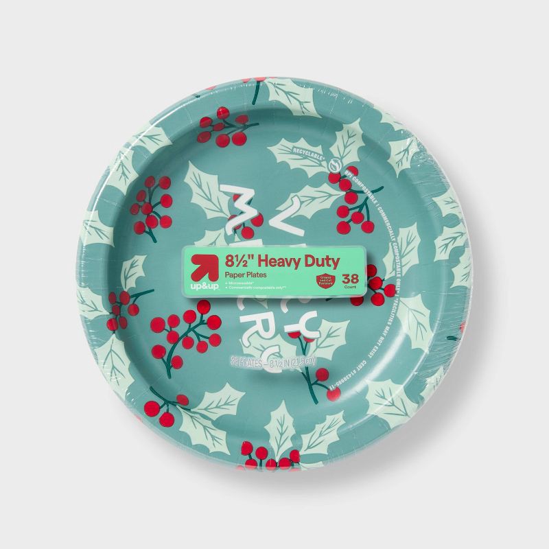 slide 1 of 3, Holiday Disposable Plates - Holly - 8.5" - 38ct - up&up™, 38 ct