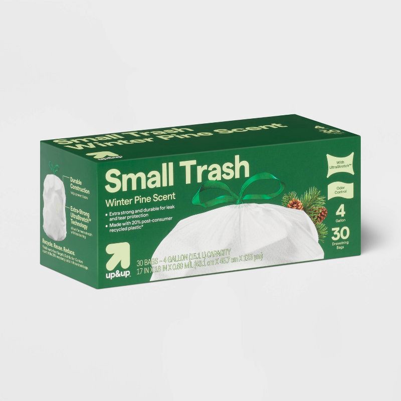 slide 3 of 3, Holiday Drawstring Trash Bags - Winter Pine Scent - 4 Gallon - 30ct - up&up™, 4 gal, 30 ct
