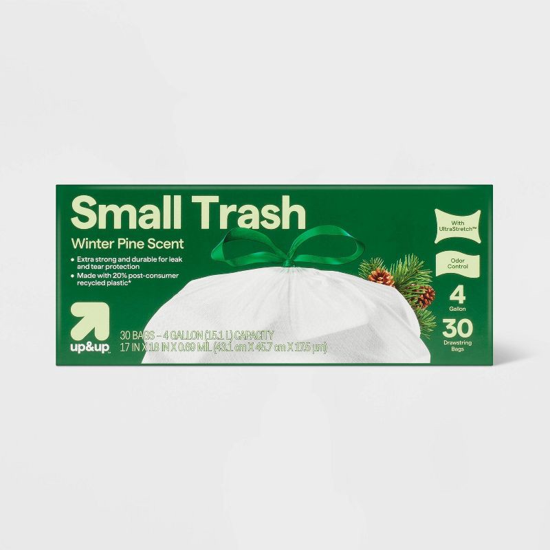 slide 1 of 3, Holiday Drawstring Trash Bags - Winter Pine Scent - 4 Gallon - 30ct - up&up™, 4 gal, 30 ct