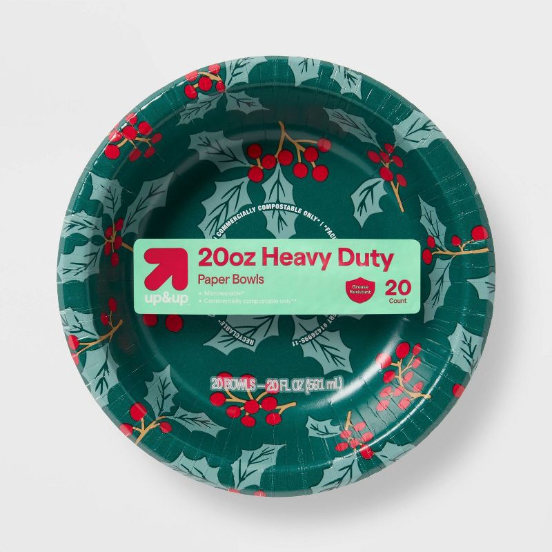slide 1 of 3, Holiday Disposable Bowls - Holly - 20oz/20ct - up&up™, 20 ct; 20 oz