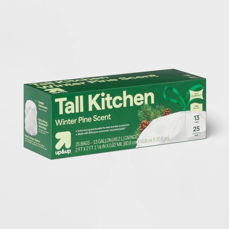 slide 3 of 3, Holiday Drawstring Trash Bags - Winter Pine Scent - 13 Gallon - 25ct - up&up™, 13 gal, 25 ct