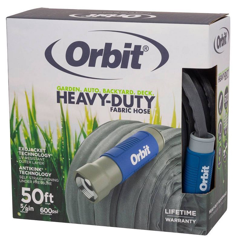 slide 2 of 3, Orbit 50' Heavy Duty Fabric Standard Hose White/Gray/Blue, 1 ct