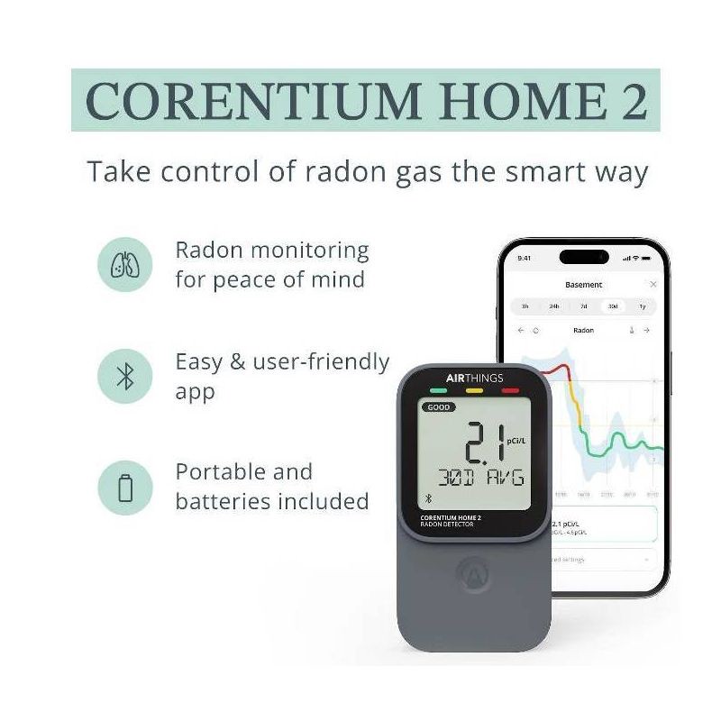 slide 11 of 13, Airthings Corentium Home 2 - Digital Radon Detector, 1 ct