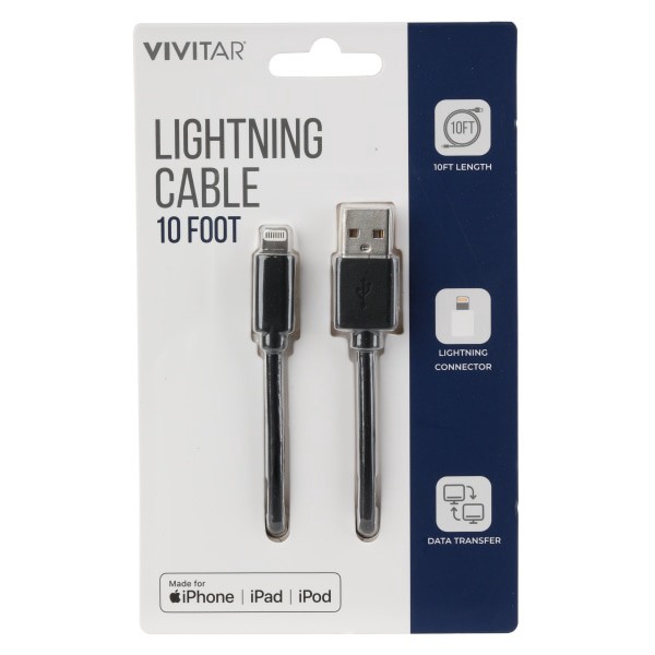 slide 1 of 2, Vivitar Lightning To Usb-A Cable, 10', Black, Nil1010-Blk-Stk-24, 1 ct