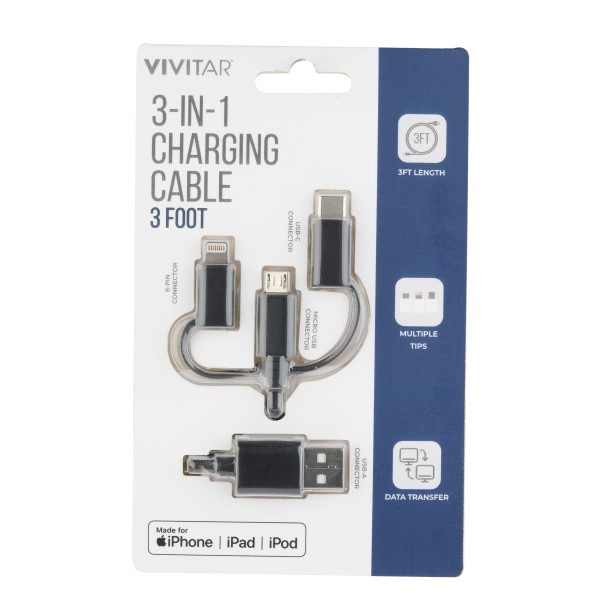 slide 1 of 2, Vivitar 3-In-1 Charging Cable, 3', Black, Nil2001-Blk-Stk-24, 1 ct