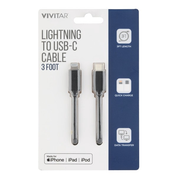 slide 1 of 2, Vivitar Lightning To Usb-C Cable, 3', Black, Nil3003-Blk-Stk-24, 1 ct