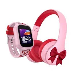 PlayZoom Kids' Smart Watch and Bluetooth Headphone Bundle Gift Set - Pink/Red Bow