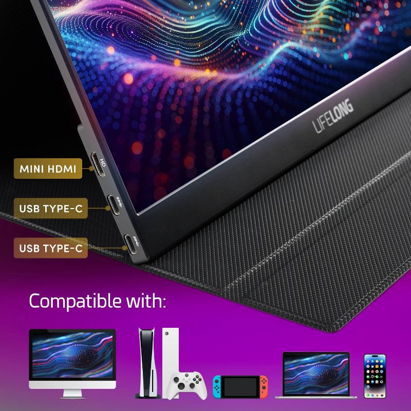 slide 2 of 6, Lifelong 1920 x 1080 15.6" 1080P Portable Monitor G70-T: IPS, Built-In Speakers, 60Hz, HDMI & USB-C, 1 ct