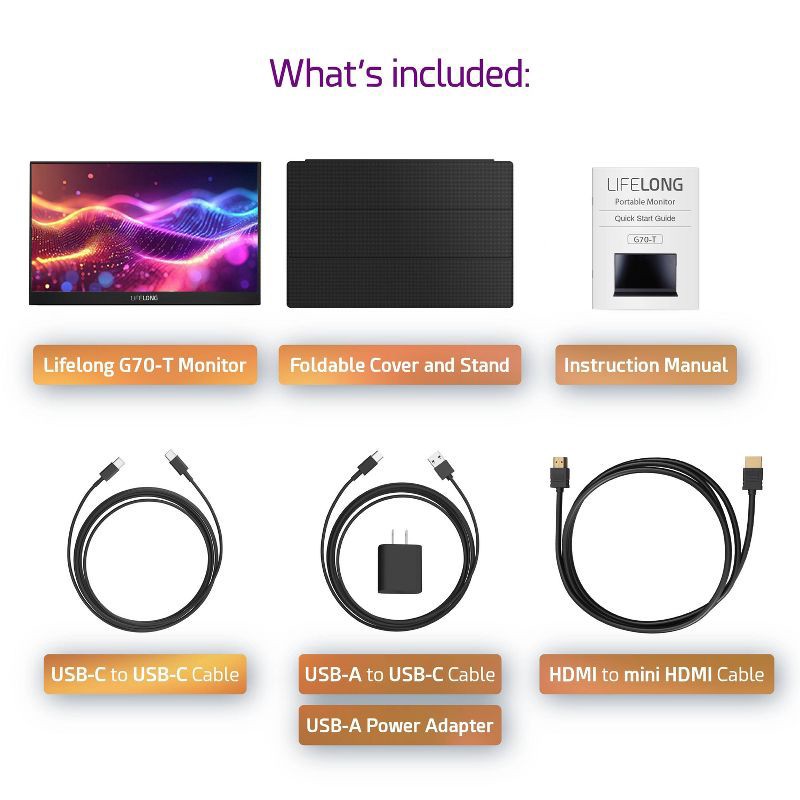 slide 4 of 6, Lifelong 1920 x 1080 15.6" 1080P Portable Monitor G70-T: IPS, Built-In Speakers, 60Hz, HDMI & USB-C, 1 ct