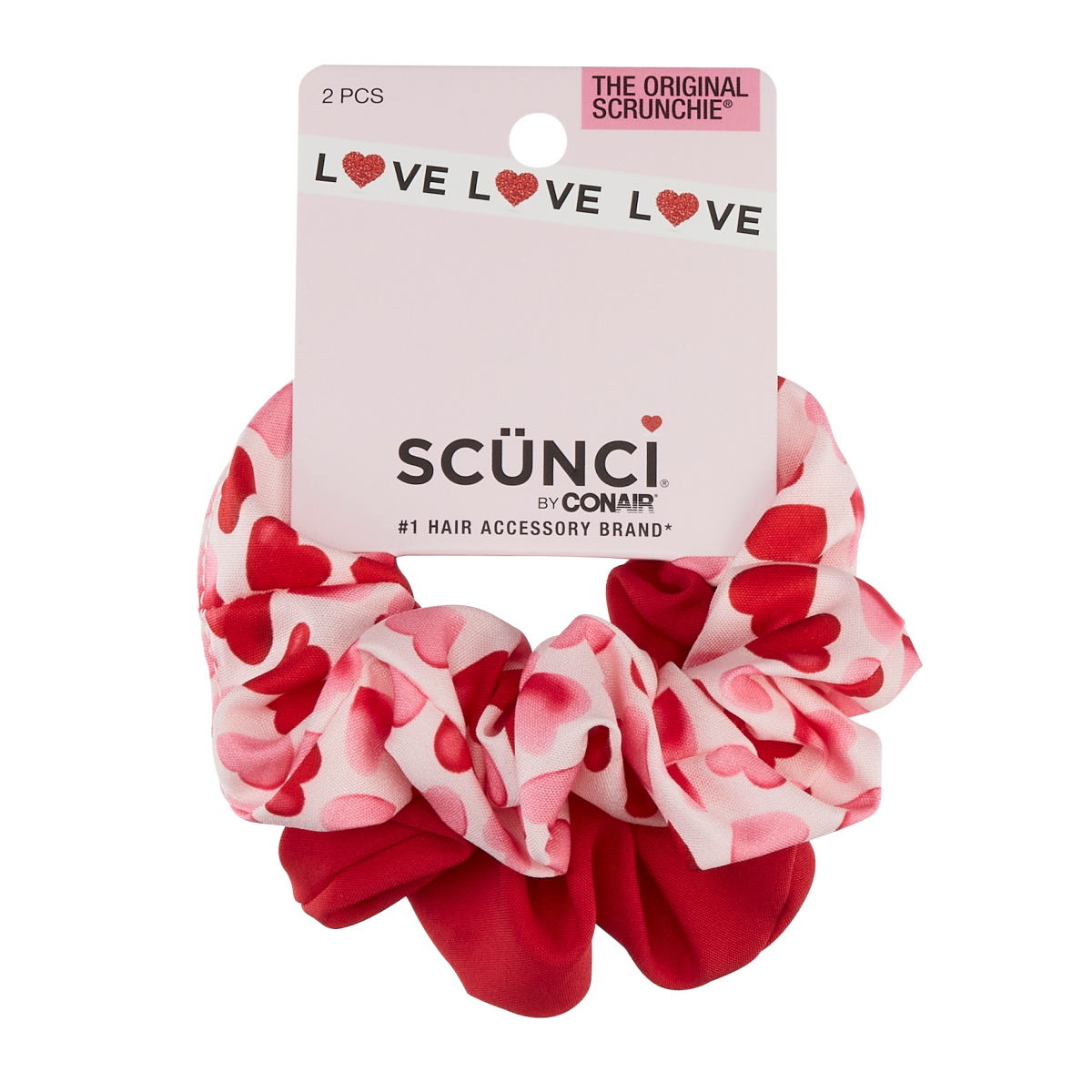 slide 1 of 1, scünci Scunci Heart Print Scrunchie, Red, 2 Ct, 2 ct
