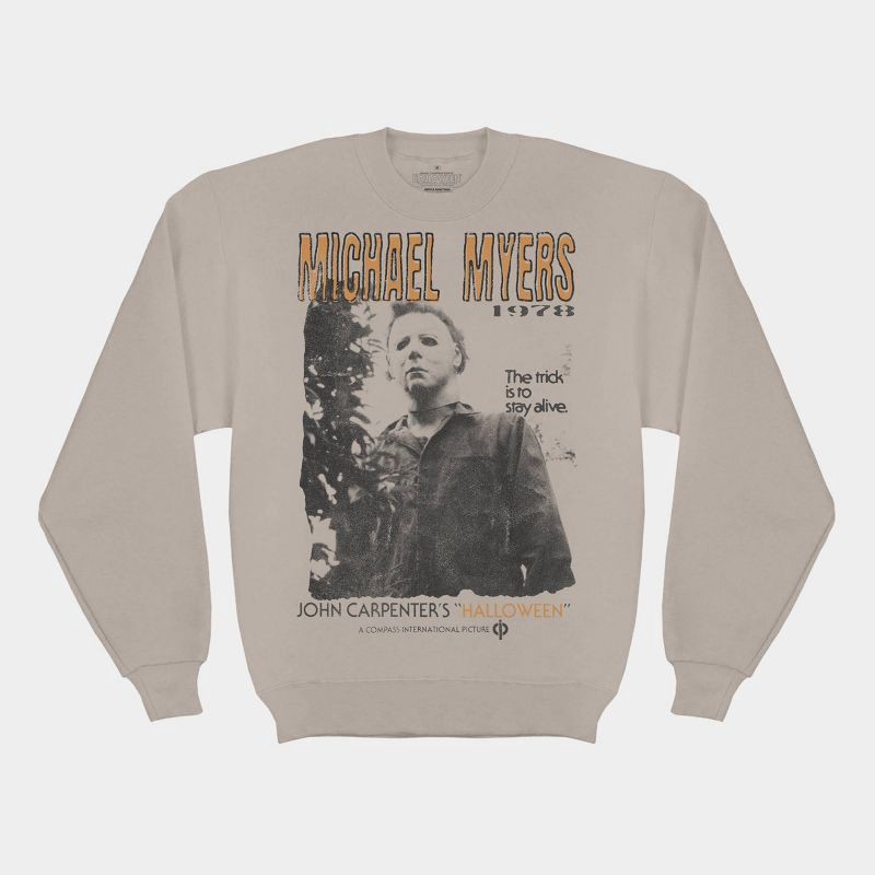 slide 1 of 4, Men's Halloween Michael Myers Crewneck Sweatshirt - Tan S, 1 ct