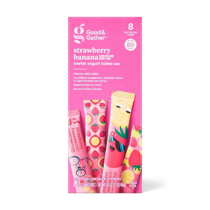 slide 1 of 4, Strawberry Banana Low Fat Kids' Yogurt Tubes - 1lbs/8ct - Good & Gather™, 1 lb, 8 ct