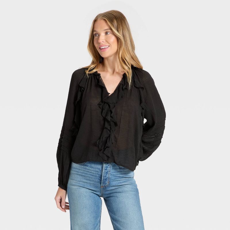 slide 1 of 3, Women's Balloon Long Sleeve V-Neck Blouse - Universal Thread™ Black L, 1 ct