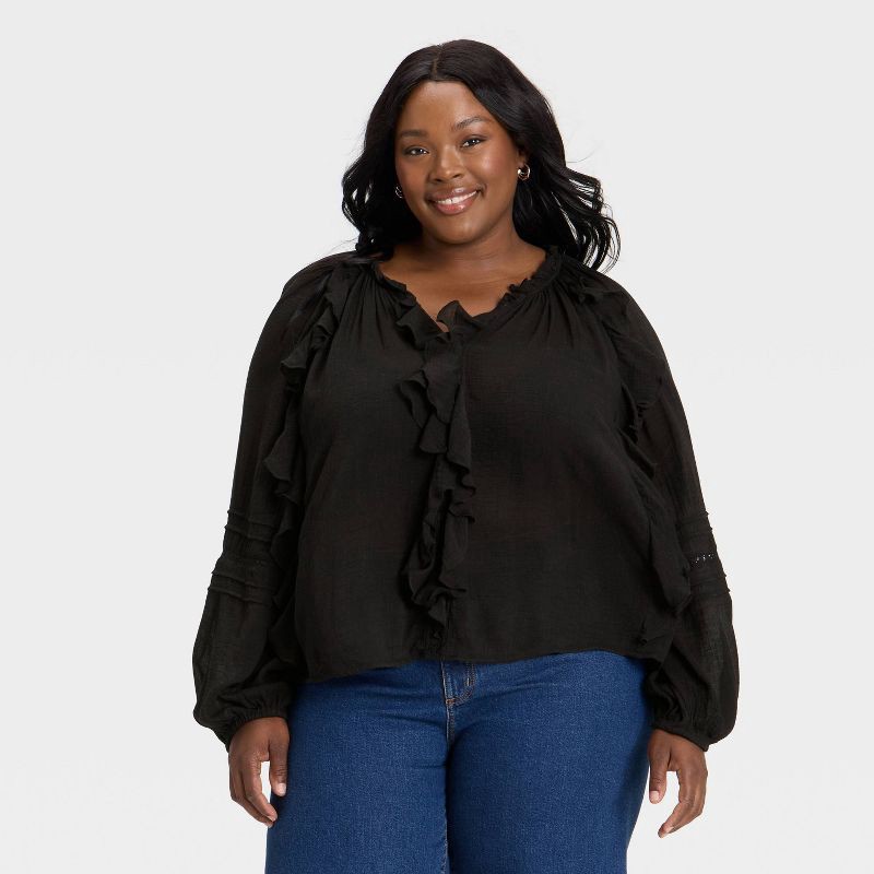 slide 1 of 3, Women's Balloon Long Sleeve V-Neck Blouse - Universal Thread™ Black XXL, 1 ct