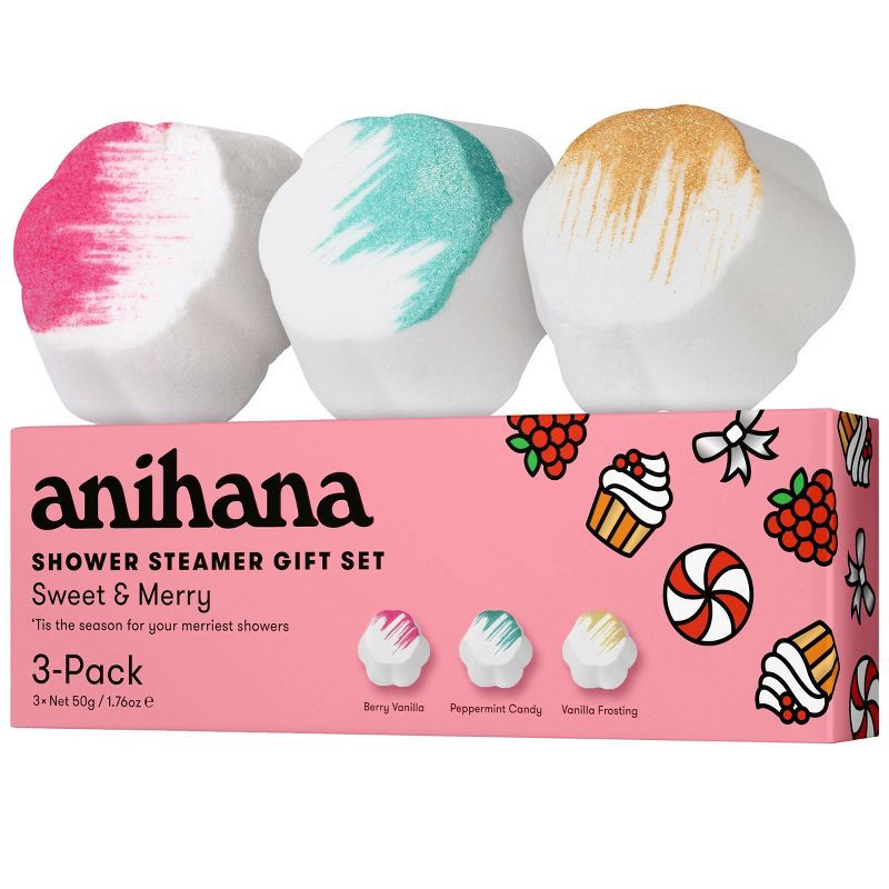 slide 3 of 8, anihana Sweet & Merry Shower Steamer Gift Set - Berry Vanilla, Peppermint Candy, Vanilla Frosting - 5.29oz/3pk, 5.29 oz, 3 ct