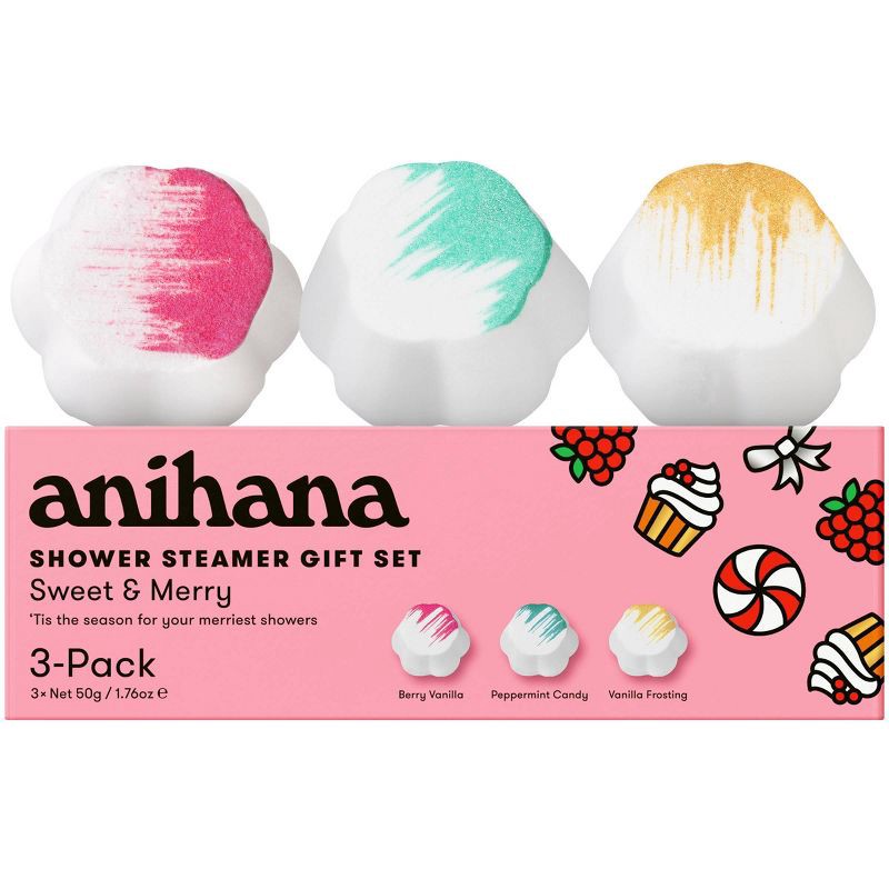 slide 1 of 8, anihana Sweet & Merry Shower Steamer Gift Set - Berry Vanilla, Peppermint Candy, Vanilla Frosting - 5.29oz/3pk, 5.29 oz, 3 ct