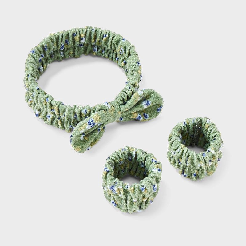 slide 2 of 3, Hair Headwrap with Cuffs Set 3pc - Wild Fable™ Green Floral, 3 ct