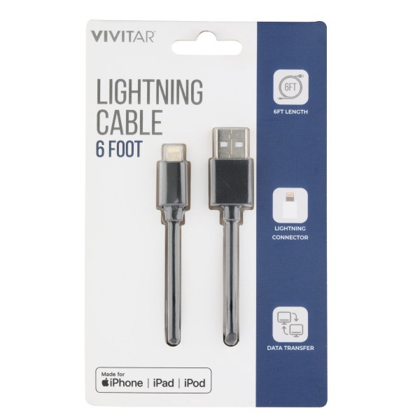 slide 1 of 2, Vivitar Lightning To Usb-A Cable, 6', Black, Nil1006-Blk-Stk-24, 1 ct