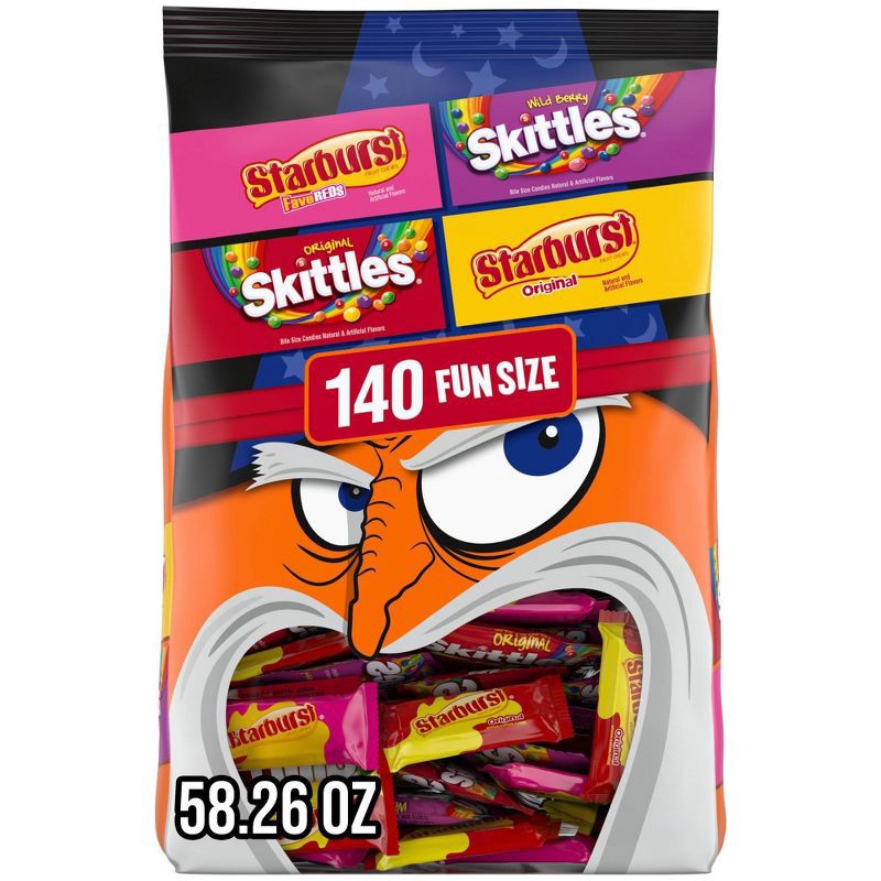 slide 1 of 12, Mars - Skittles and Starburst Halloween Candy Fun Size Chewy Fruit Candies Variety Bag - 58.26oz/140ct, 58.26 oz; 140 ct