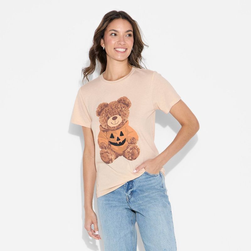 slide 3 of 3, Grayson Threads Women's Teddy Bear Pumpkin Short Sleeve Graphic Boyfriend T-Shirt - Beige XXS, 1 ct