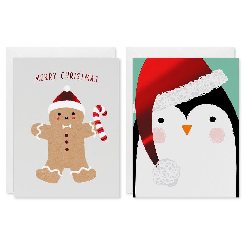 slide 1 of 5, American Greetings 10ct Blank Christmas Cards Boxed with Envelopes Gingerbread Man and Penguin, 10 ct