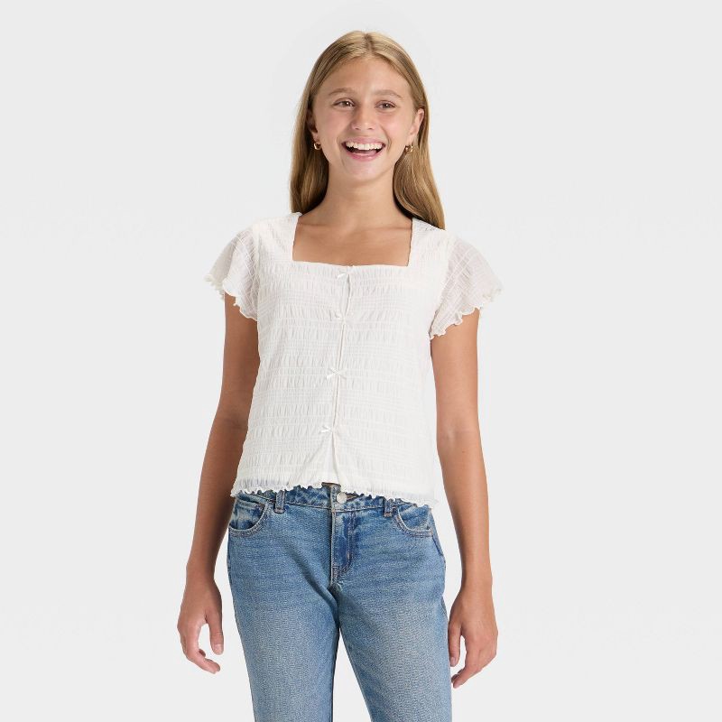 slide 1 of 3, Girls' Bow Front Top - art class™ Off-White M, 1 ct