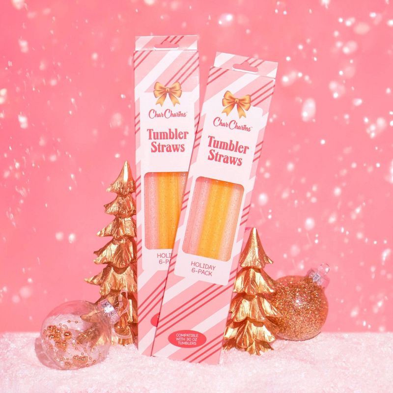 slide 2 of 4, CharCharms 6pk 40oz Holiday Glitter Water Bottle Straws Pink/Gold/White, 6 ct, 40 oz