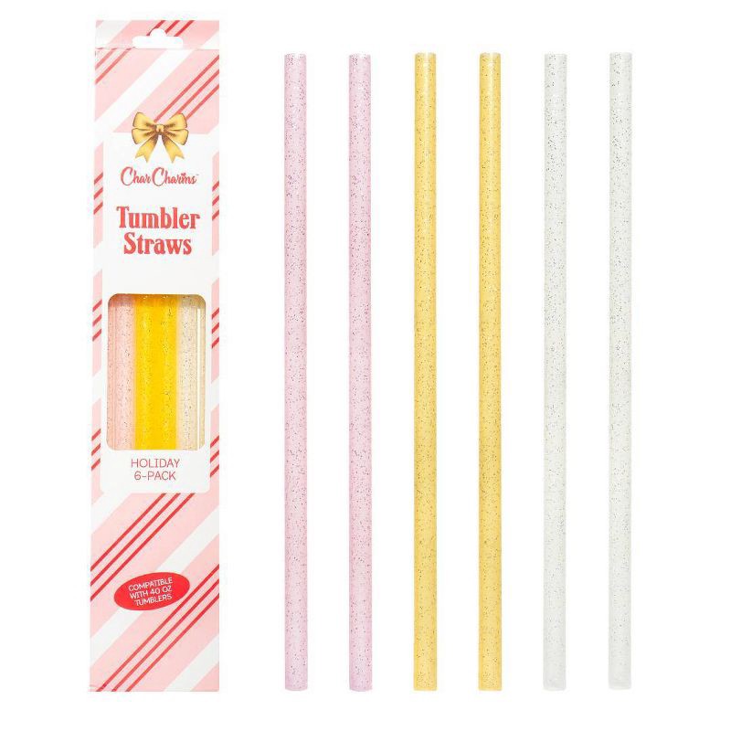 slide 1 of 4, CharCharms 6pk 40oz Holiday Glitter Water Bottle Straws Pink/Gold/White, 6 ct, 40 oz