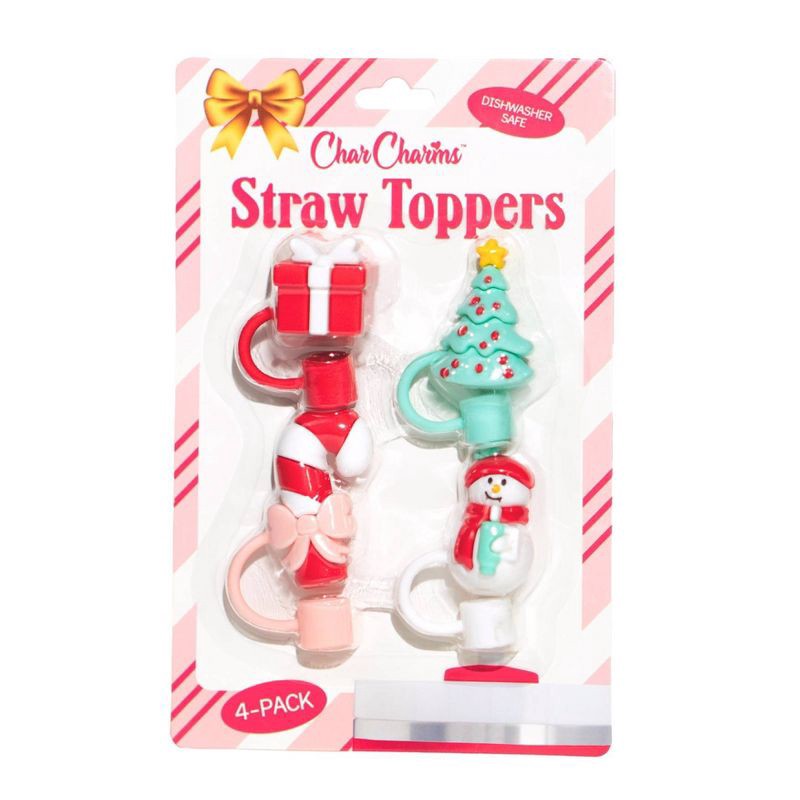 slide 2 of 5, CharCharms 4pk Holiday Theme Straw Topper Red/White, 4 ct