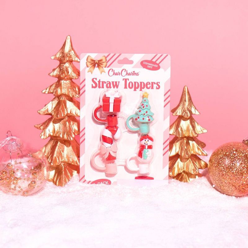 slide 3 of 5, CharCharms 4pk Holiday Theme Straw Topper Red/White, 4 ct