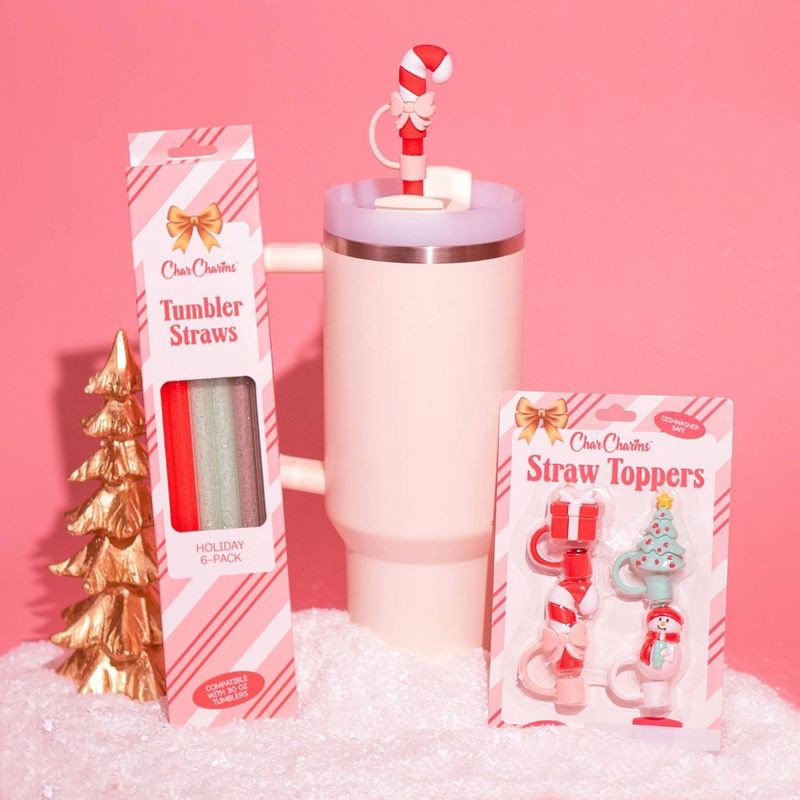 slide 4 of 5, CharCharms 4pk Holiday Theme Straw Topper Red/White, 4 ct