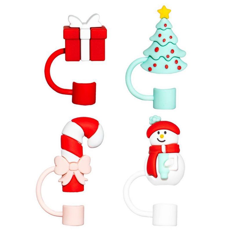 slide 1 of 5, CharCharms 4pk Holiday Theme Straw Topper Red/White, 4 ct